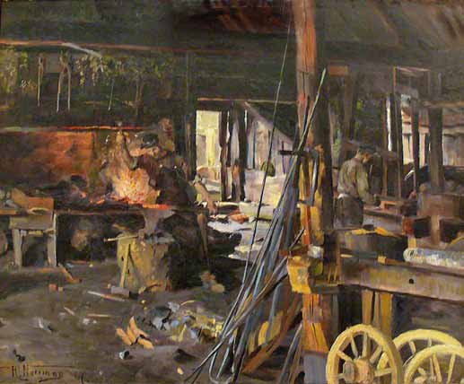 Herman Norrman 1887 oilpainting of Carlsson brothers- Title Vagnssmedja.jpeg
